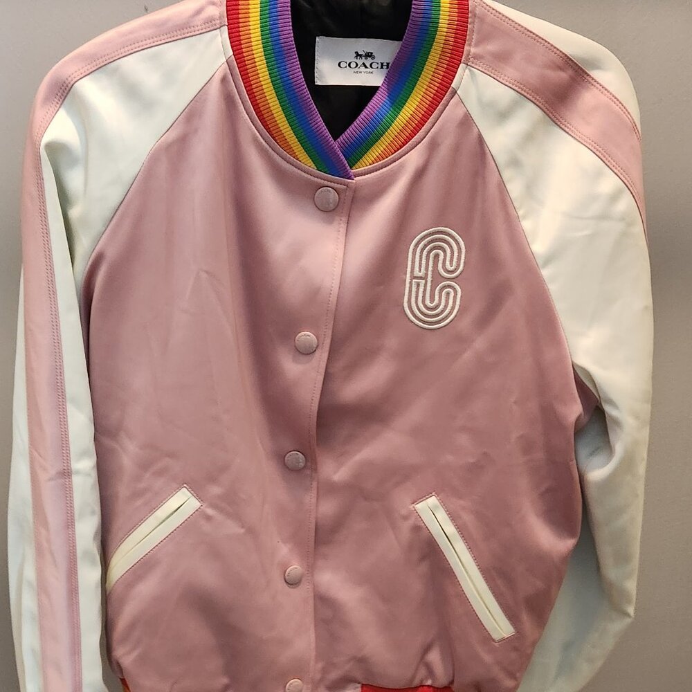 Coach Pink and White Varsity Jacket with Rainbow Trim